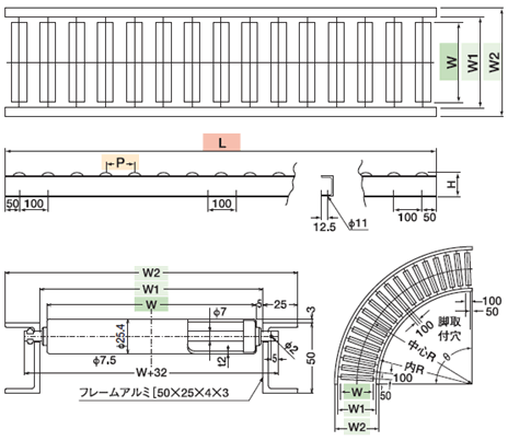 TS アルミ製ローラコンベヤφ25.4-W450XP50X2000L ( LA25-450520 ) (株